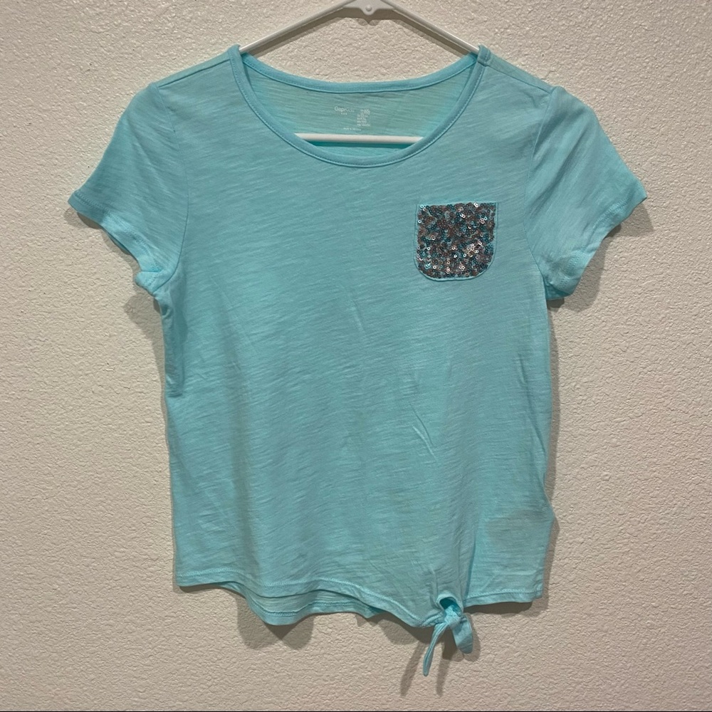 NWOT Kids Gap Girls Blue Green Sequin Pocket Bow Short Sleeve T-Shirt Size 13